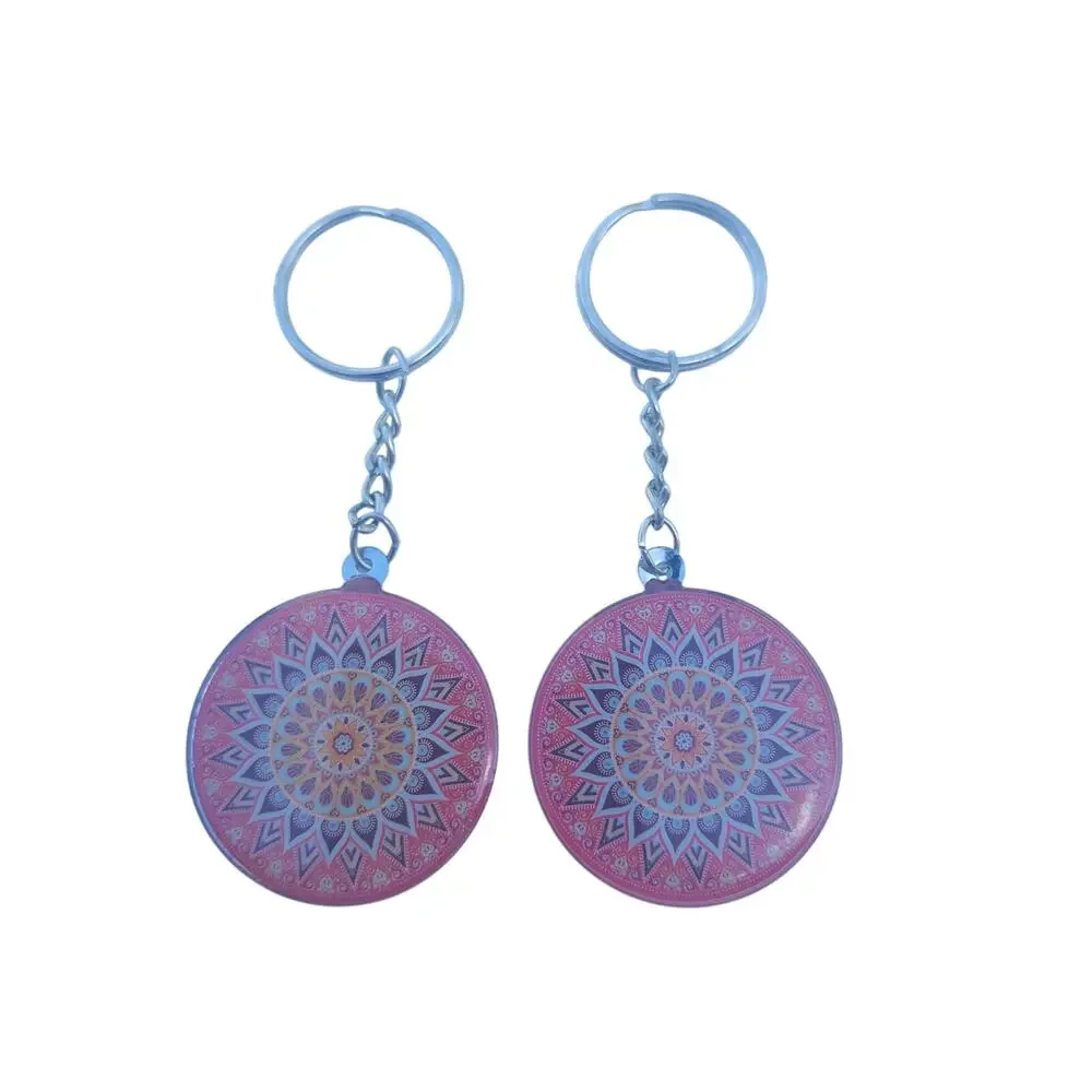 Lot 2 Pink Mandala Keychains Boho Henna Floral Geometric Metal Purse Bag Charms